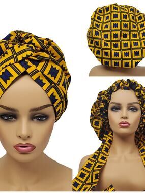 Yellow and Navy Geometric Satin-Lined Hair Bonnet & Turban Set